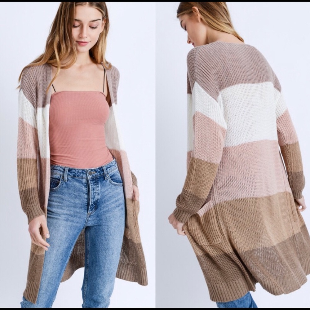 Striped color block open front cardigan
